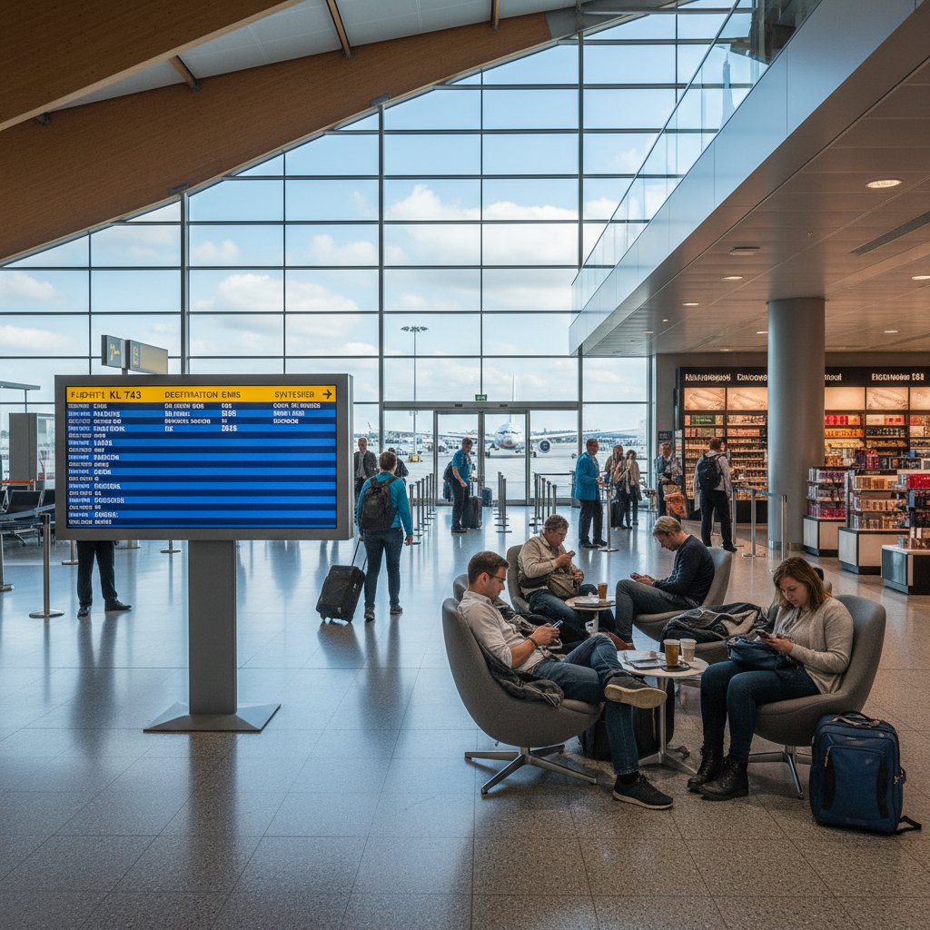 Widok na terminal lotniska w Amsterdamie, podróżni przechodzący przez bramki, wygodna przesiadka