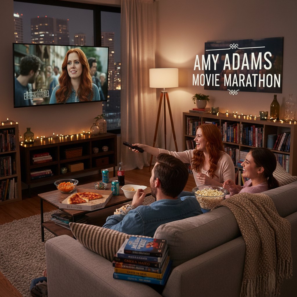 Group of friends enjoying an Amy Adams movie marathon at home, living room setting
