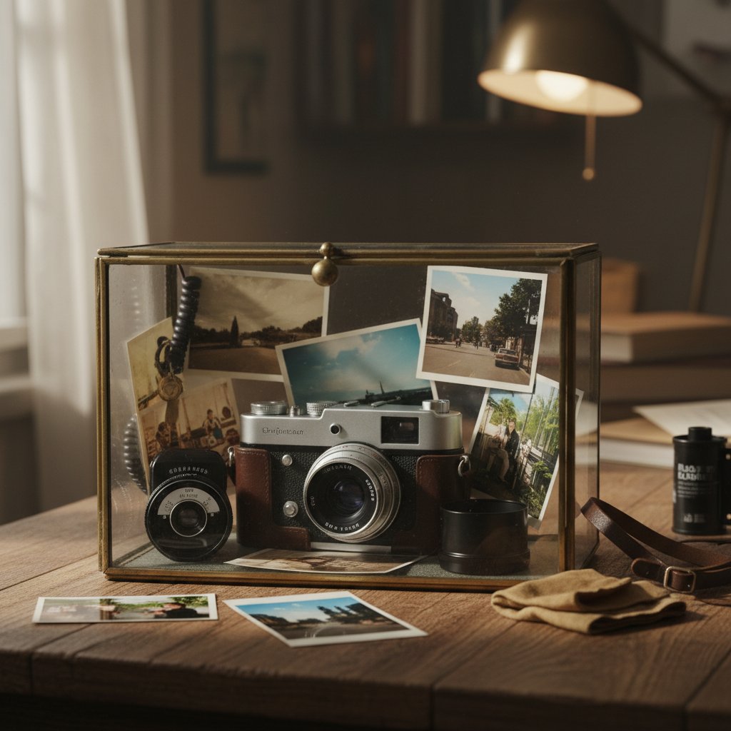 Aparat analogowy ze szklaną szkatułką, analogowe zdjęcia i akcesoria
