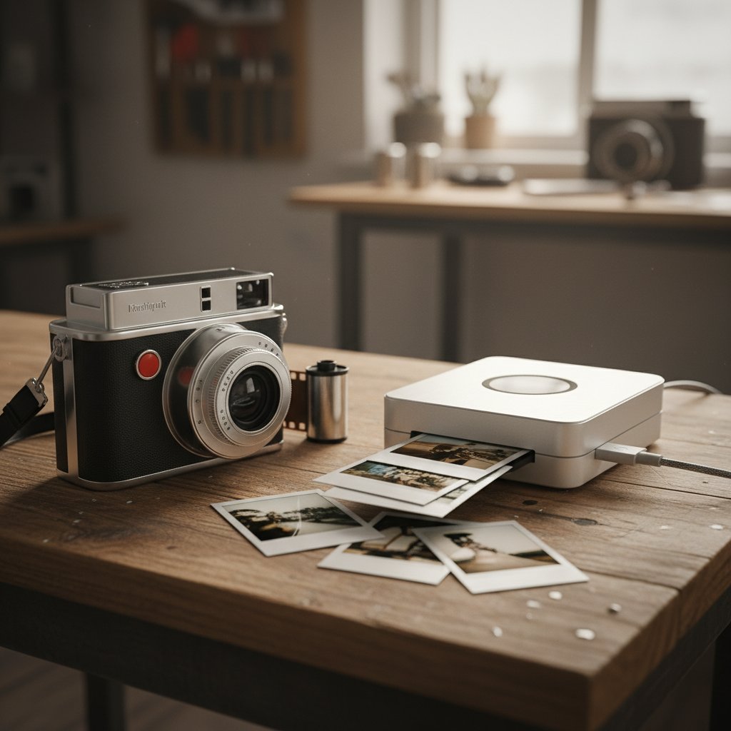 Aparat analogowy i przenośna drukarka do zdjęć na stole