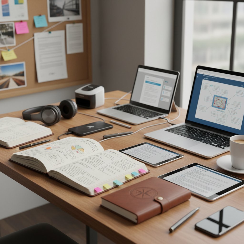 Analog and digital thesis tools blending together; overhead shot of a desk with notebooks, index cards, and a tablet showing a mind map.