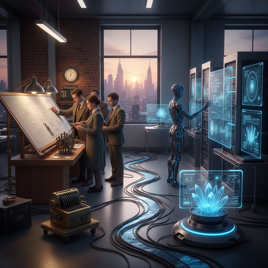 Zespół w analogowym biurze obok osób pracujących na nowoczesnych komputerach AI