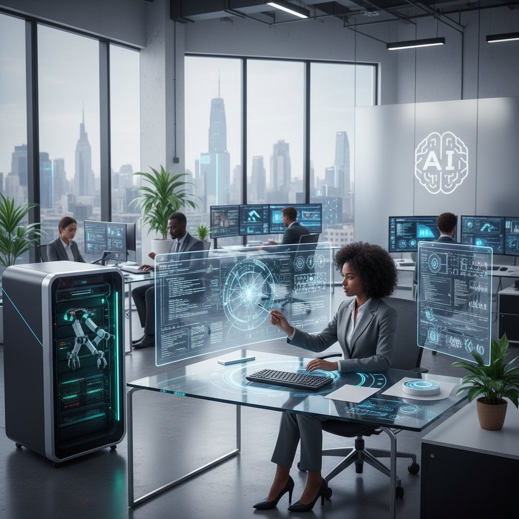 Analityk i AI współpracujący przy komputerze w nowoczesnym biurze