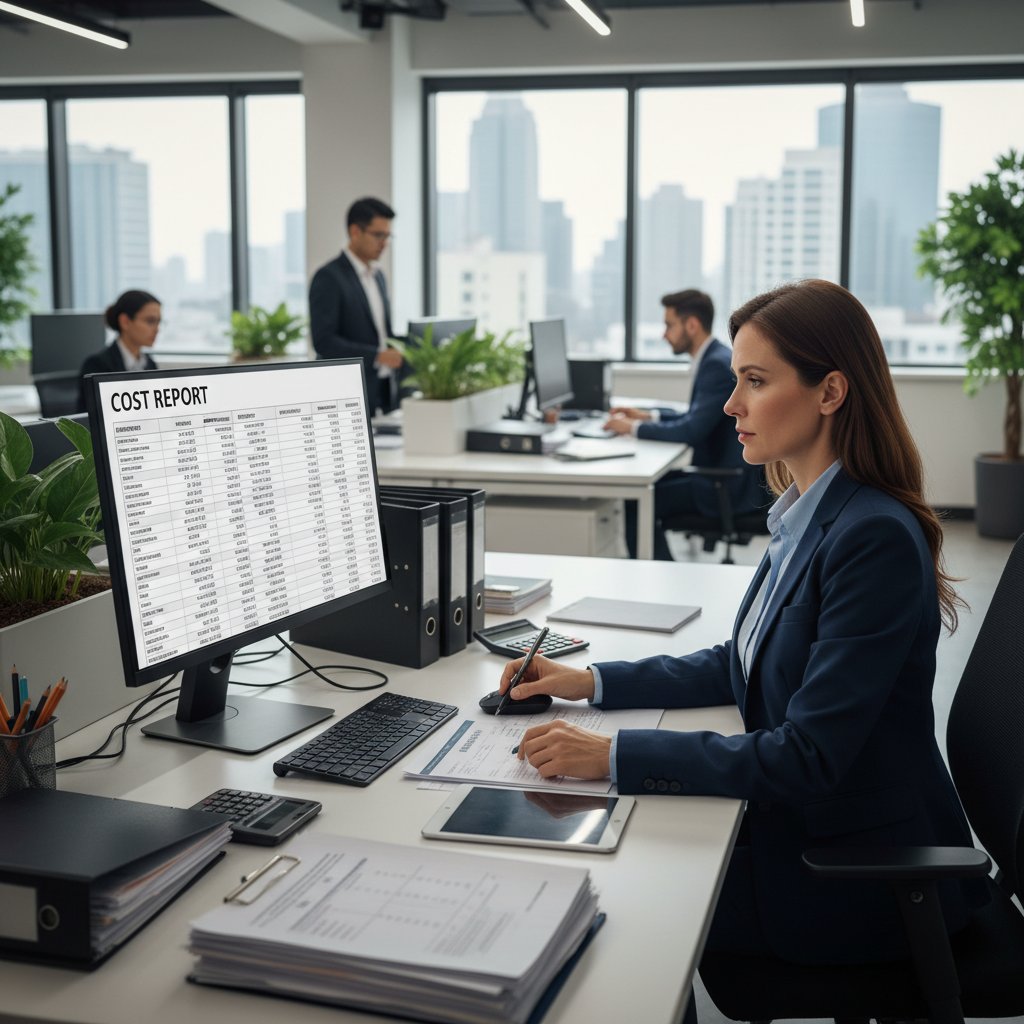 Zdjęcie analityka przygotowującego raport kosztowy w otwartym biurze