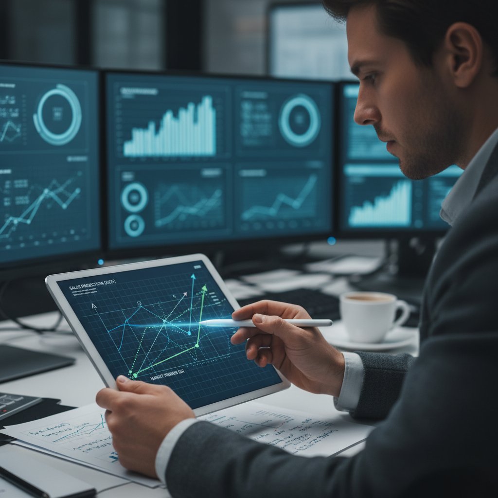 Analityk porównujący modele prognozowania na tablecie