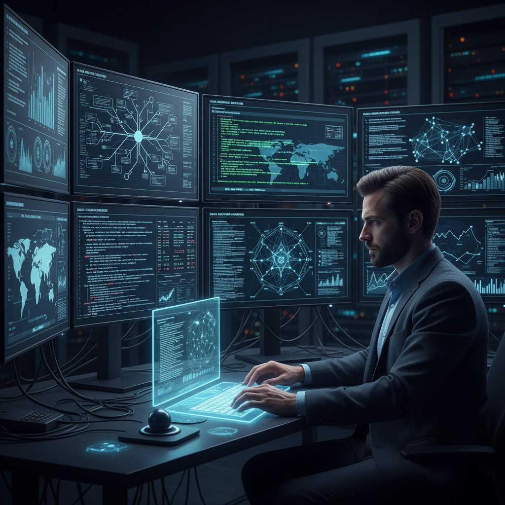 Młody analityk wyświetlający na monitorze sieć powiązań danych inwestycyjnych