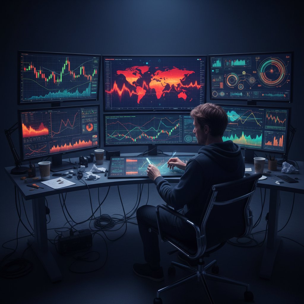 Analyst at multi-screen workstation, heatmaps and charts glowing, represents continuous optimization of automated customer support assistant