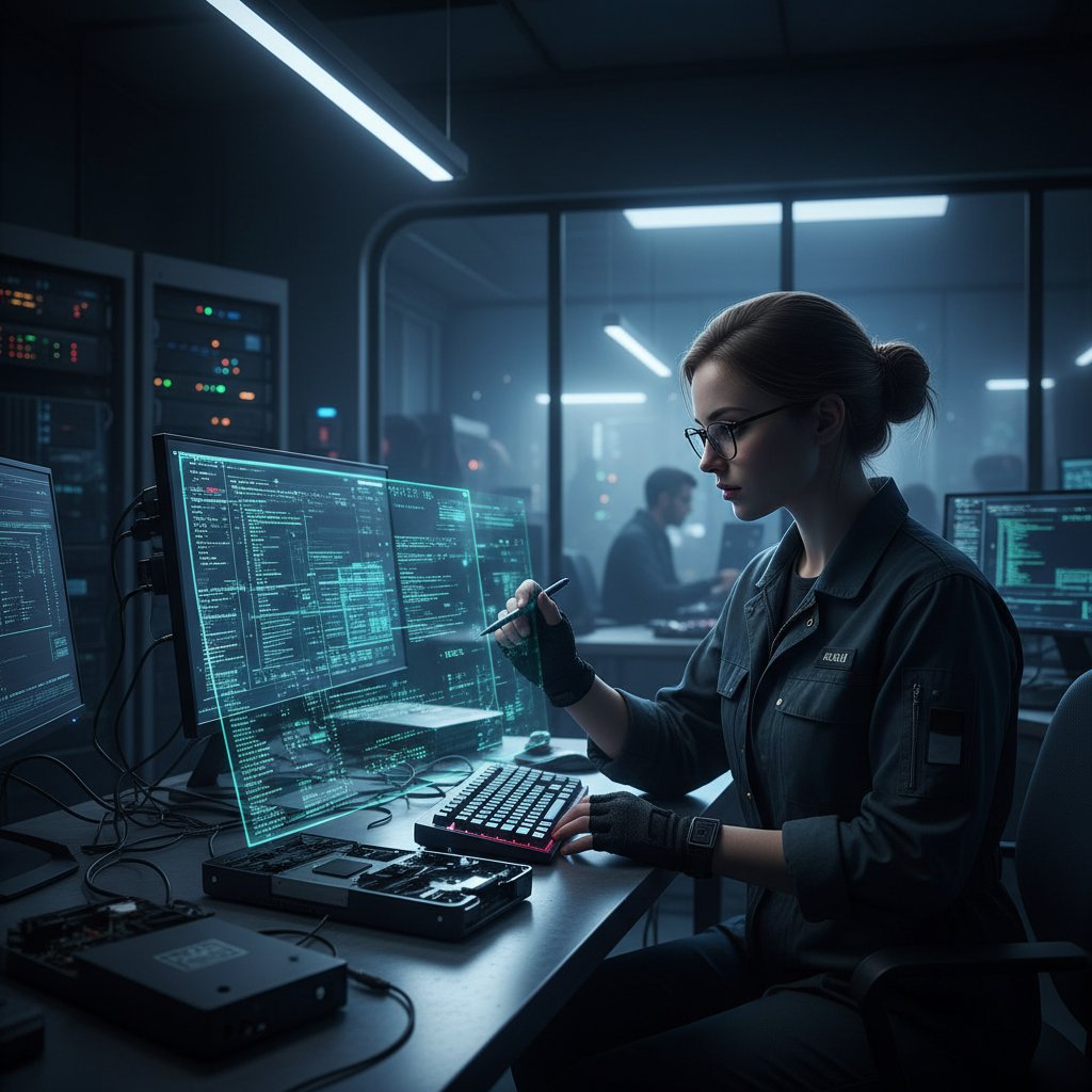 Analyst reverse-engineering competitor strategy with code and digital overlays, dark tech lab, intense analytical mood, 16:9