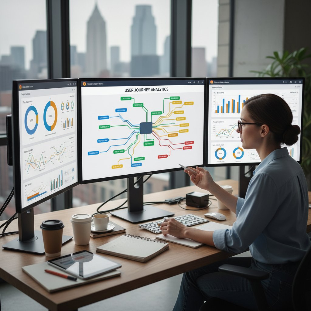 Analityk na tle ścieżek użytkownika prezentowanych na dużym ekranie