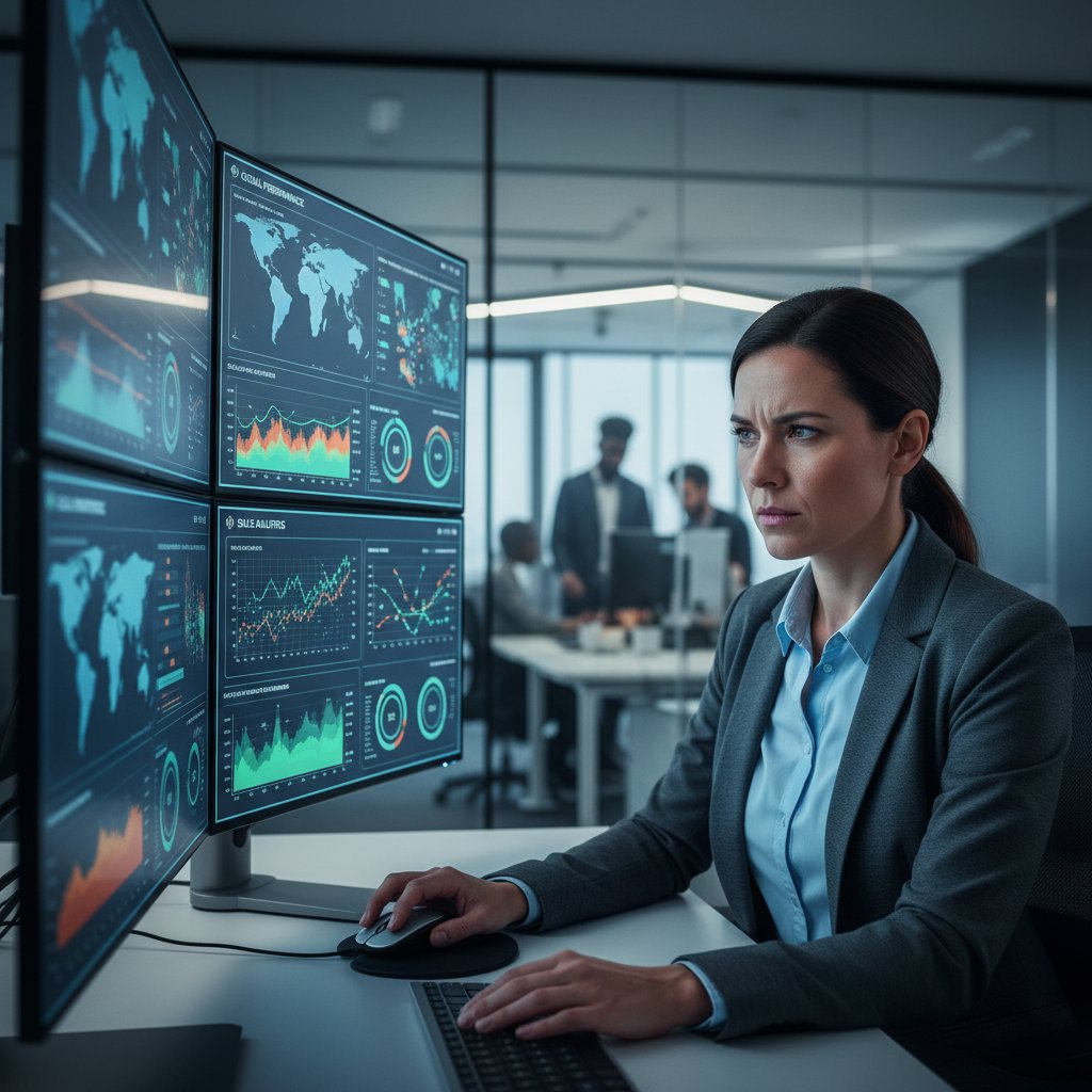 Analyst at digital dashboard, glowing data visualizations, focused expression, 16:9