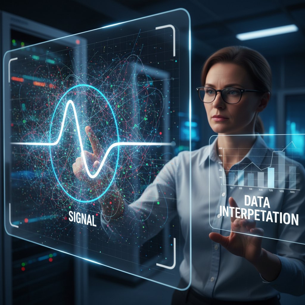 Analyst highlights signal in noisy data, using red pen, tips for interpreting complex data