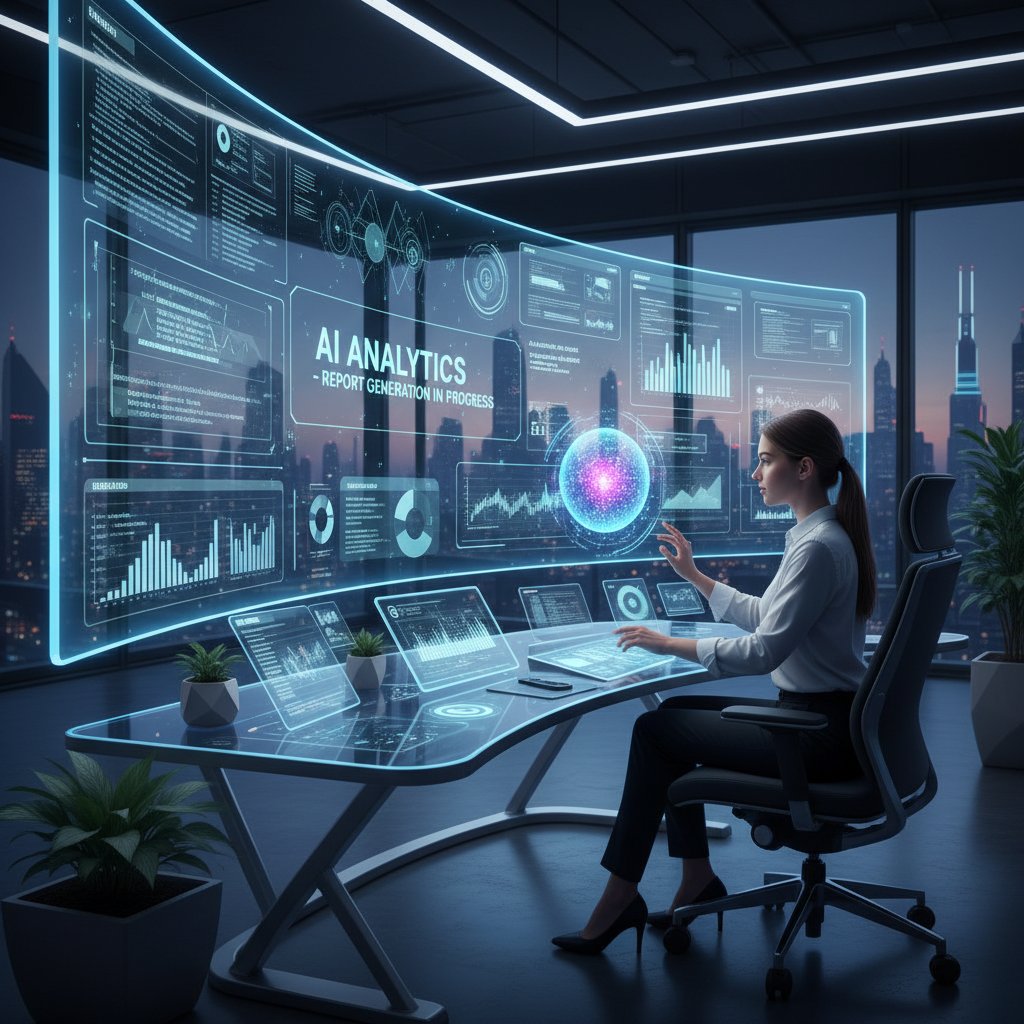 Analityk korzystający z AI do generowania raportów i wykresów na dużym ekranie
