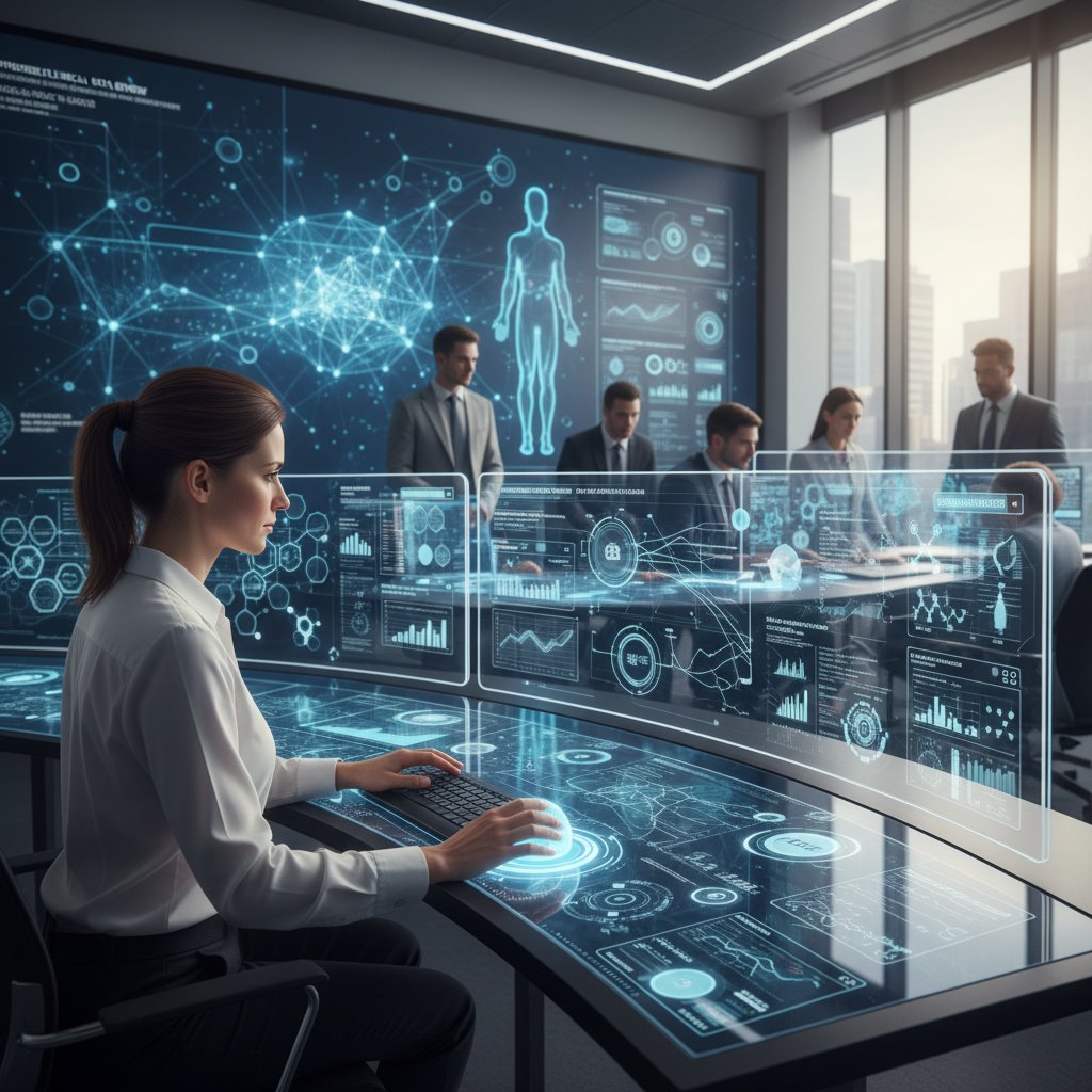 Analyst using AI-powered research platform on a laptop for clinical data review