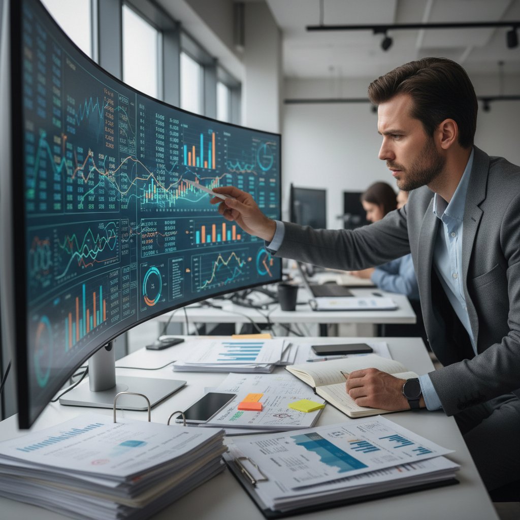Analityk sprawdza poprawność danych na dużym ekranie, wokół stosy dokumentów, atmosfera skupienia