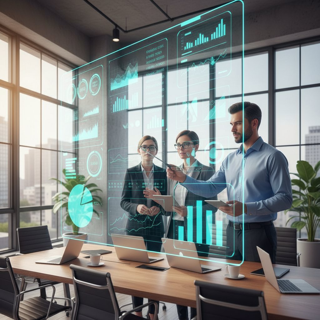 Analysts comparing text analytics platforms in a modern workspace, pointing at dashboard
