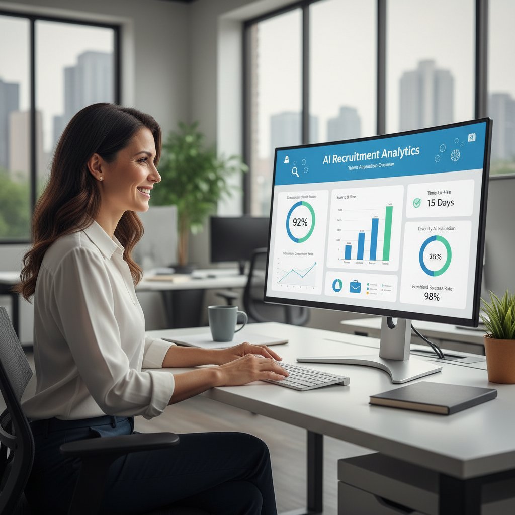 Wykres na ekranie laptopa: analiza efektywności rekrutacji AI, zadowolony rekruter