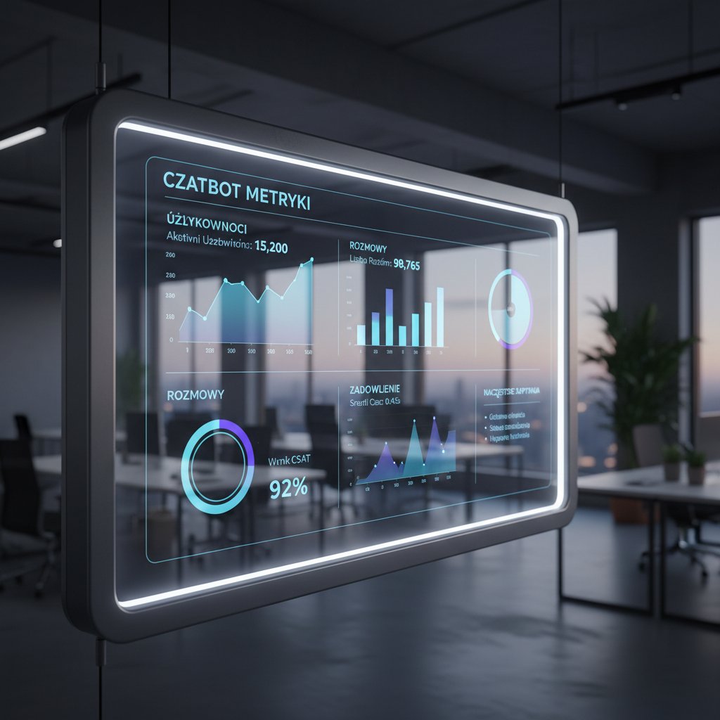 Dashboard analityczny z wynikami chatbota B2C, nowoczesny wygląd, polskie etykiety