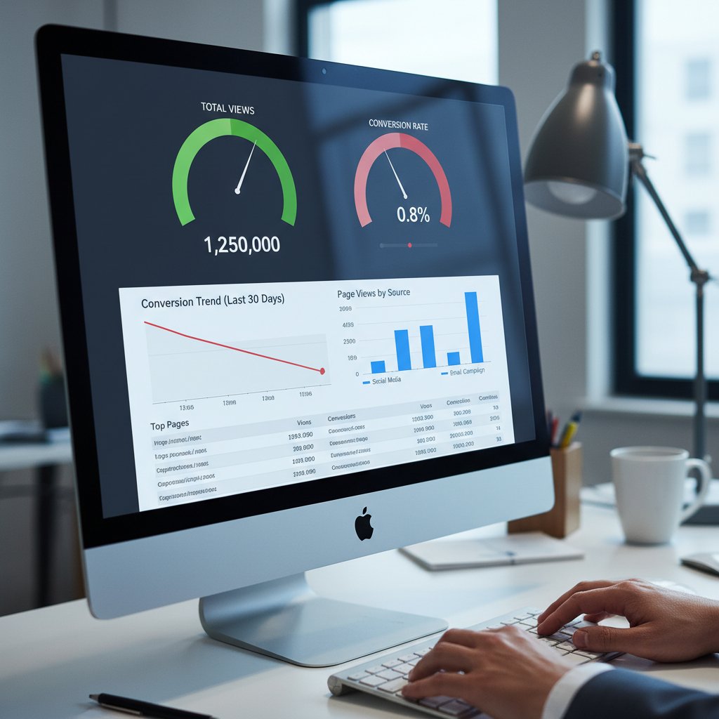 Ekran analityczny z niskim wskaźnikiem konwersji mimo wysokich wyświetleń, komputerowy dashboard