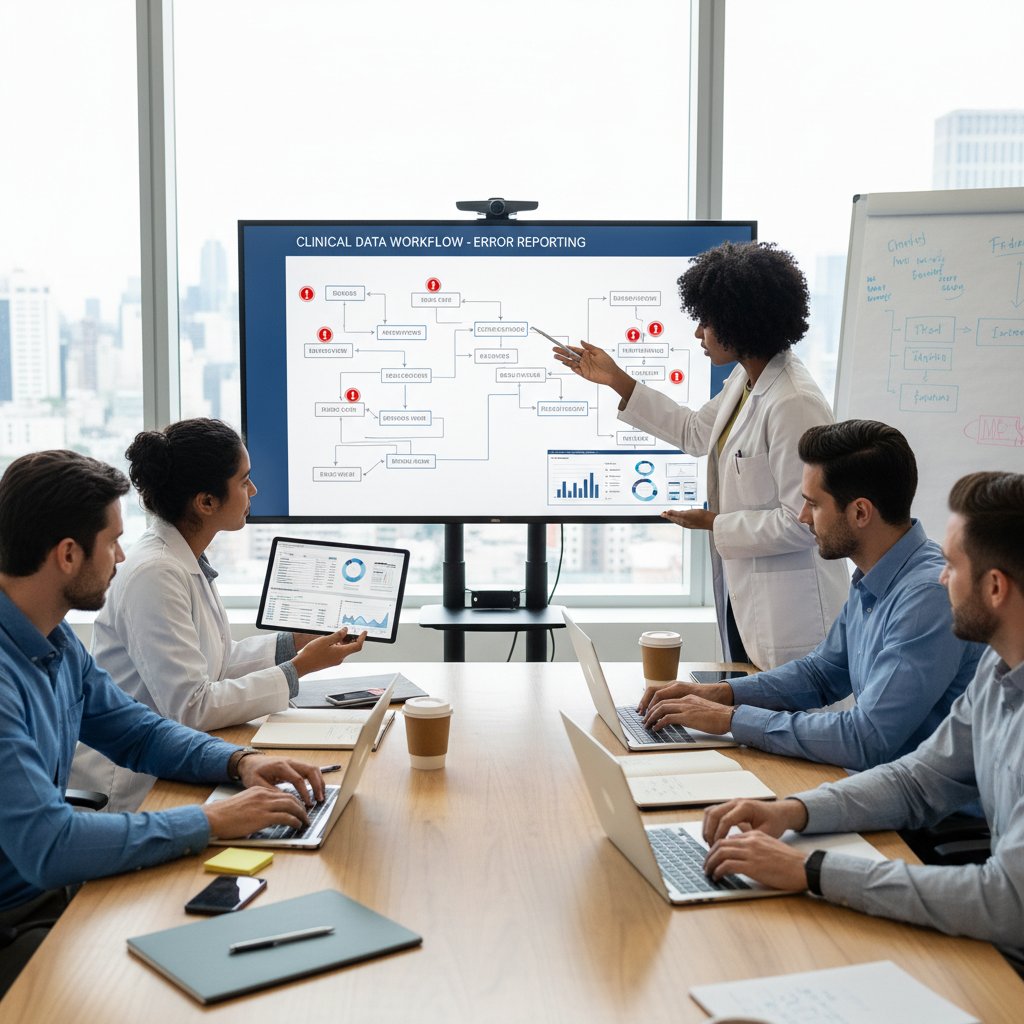 Team meeting in a healthcare analytics department, discussing error reports and workflow improvements