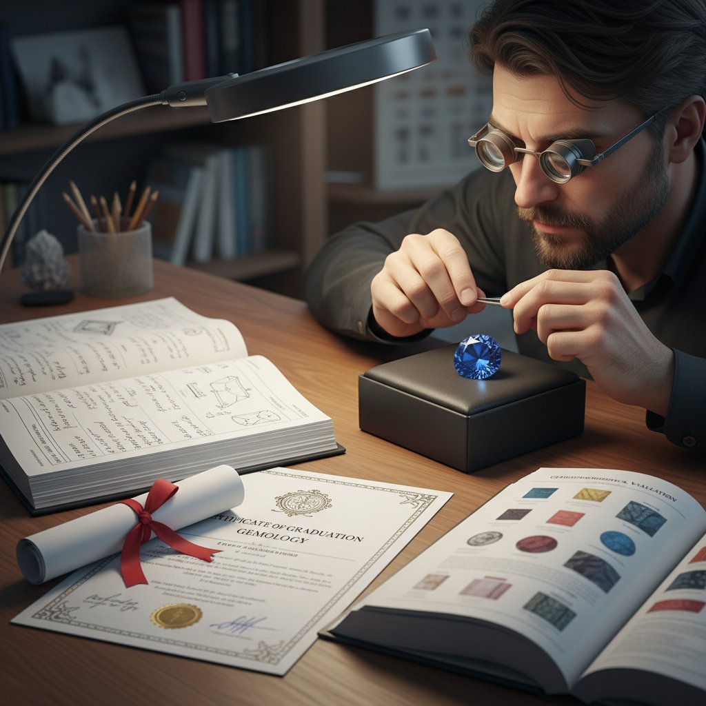 Osoba analizująca kamień szlachetny pod lupą, z notatnikiem i certyfikatem – świadomy wybór i edukacja
