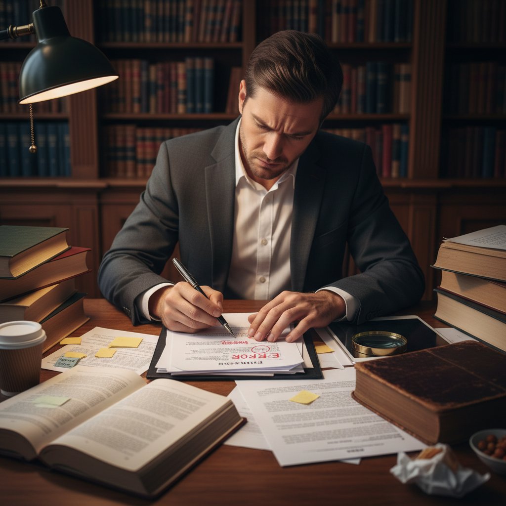 Osoba analizująca notatki i zaznaczająca błędy w dokumencie prawnym