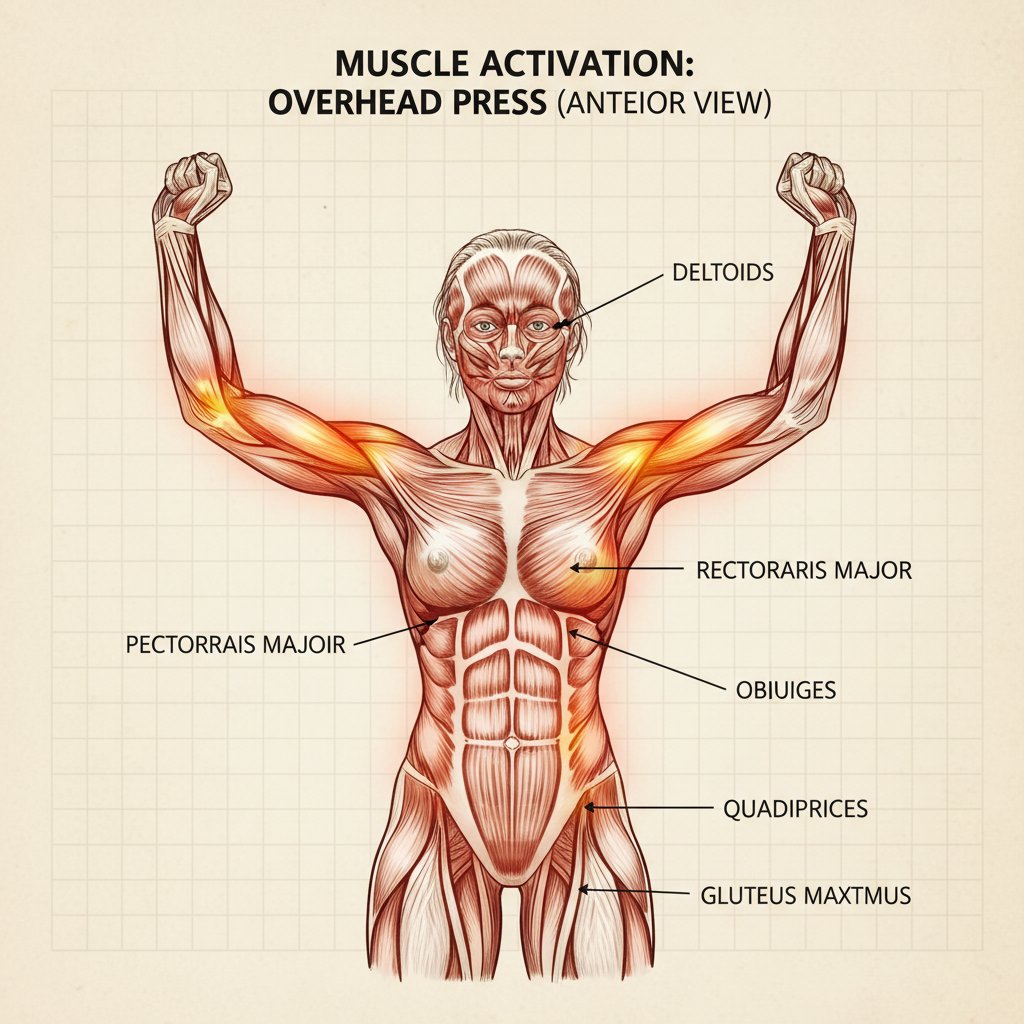 Anatomiczny schemat mięśni pośladkowych u kobiety, ilustracja z aktywacją mięśni