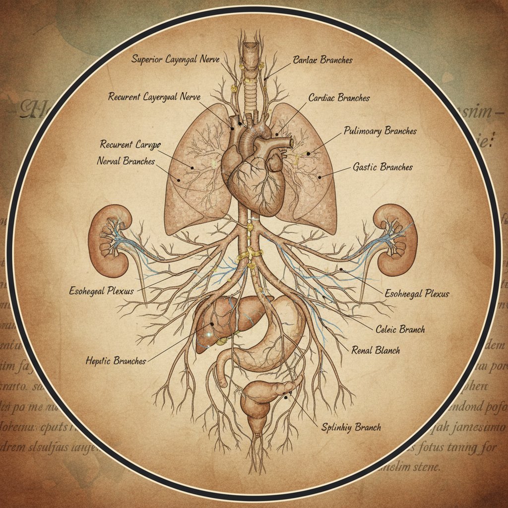 Ilustracja anatomiczna z zaznaczonym nerwem błędnym – widoczna trasa nerwu przez szyję i klatkę piersiową