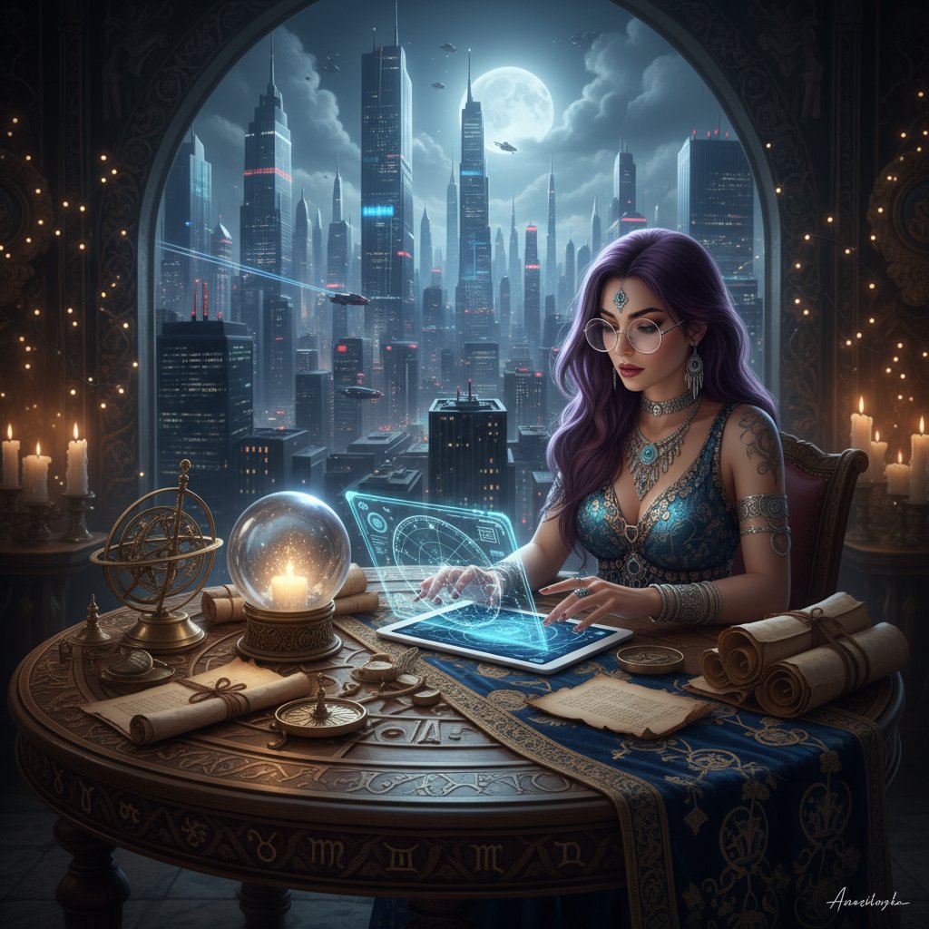 Starożytna tablica astrologiczna i współczesna wróżka na tle miasta