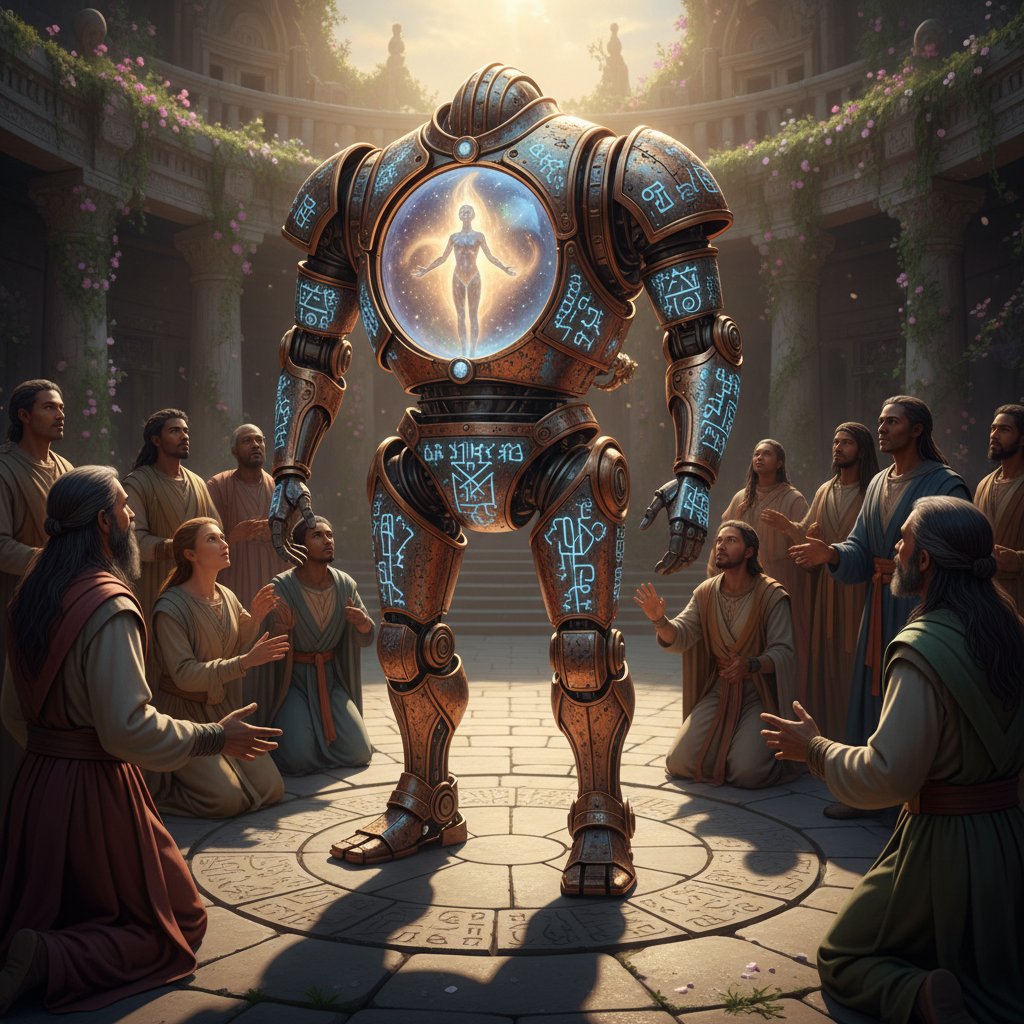 Starożytny automat obdarzony symboliczną duszą w otoczeniu ludzi