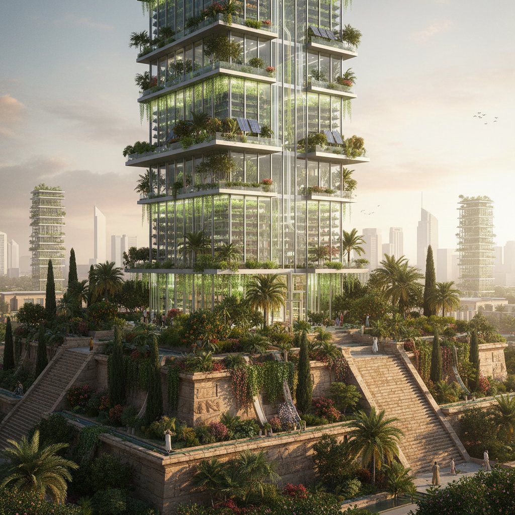 Historyczny mur z roślinami i współczesny blok z ogrodem wertykalnym, kontrastujące style