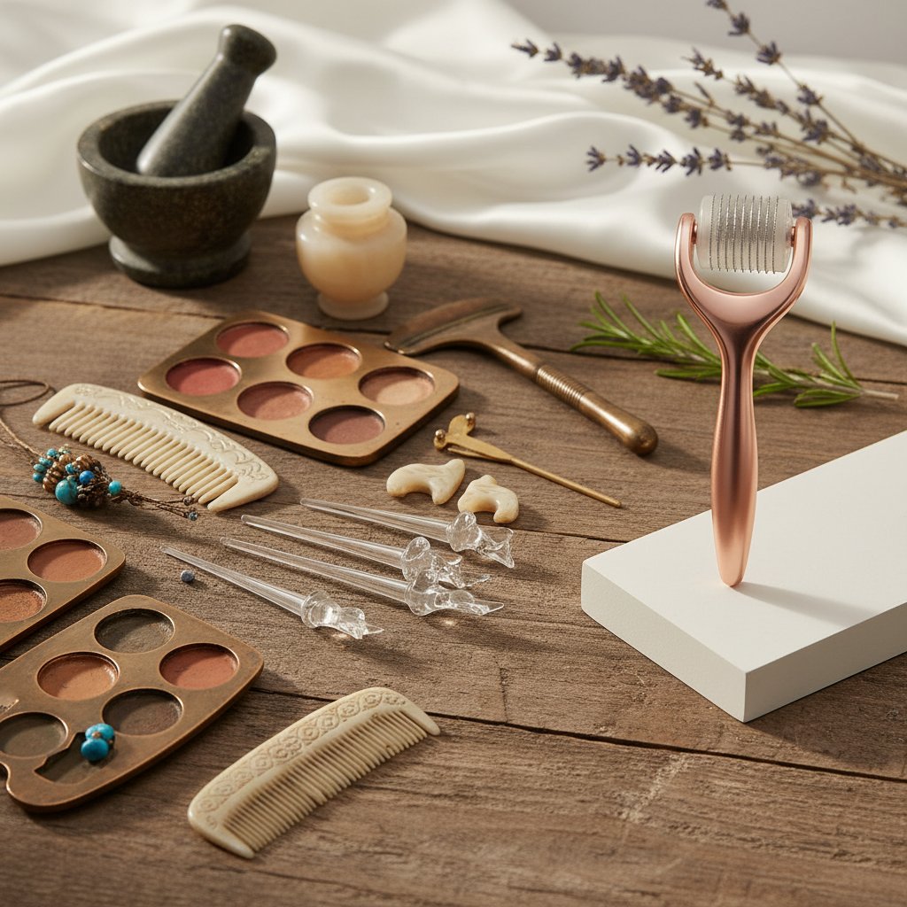 Porównanie starożytnych narzędzi do współczesnego dermarollera – zbliżenie narzędzi pielęgnacyjnych na tle łazienki