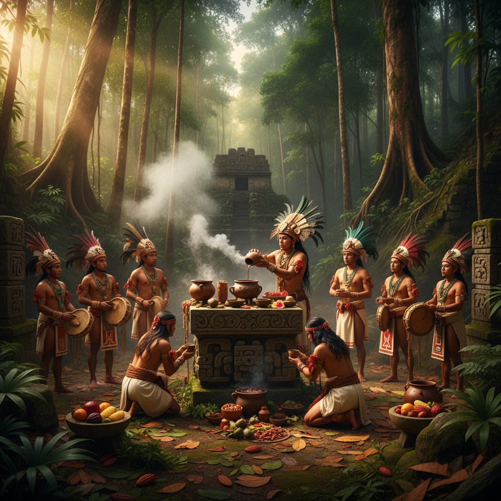 Starożytna ceremonia picia kakao, Majowie, ornamenty, rytuał w dżungli