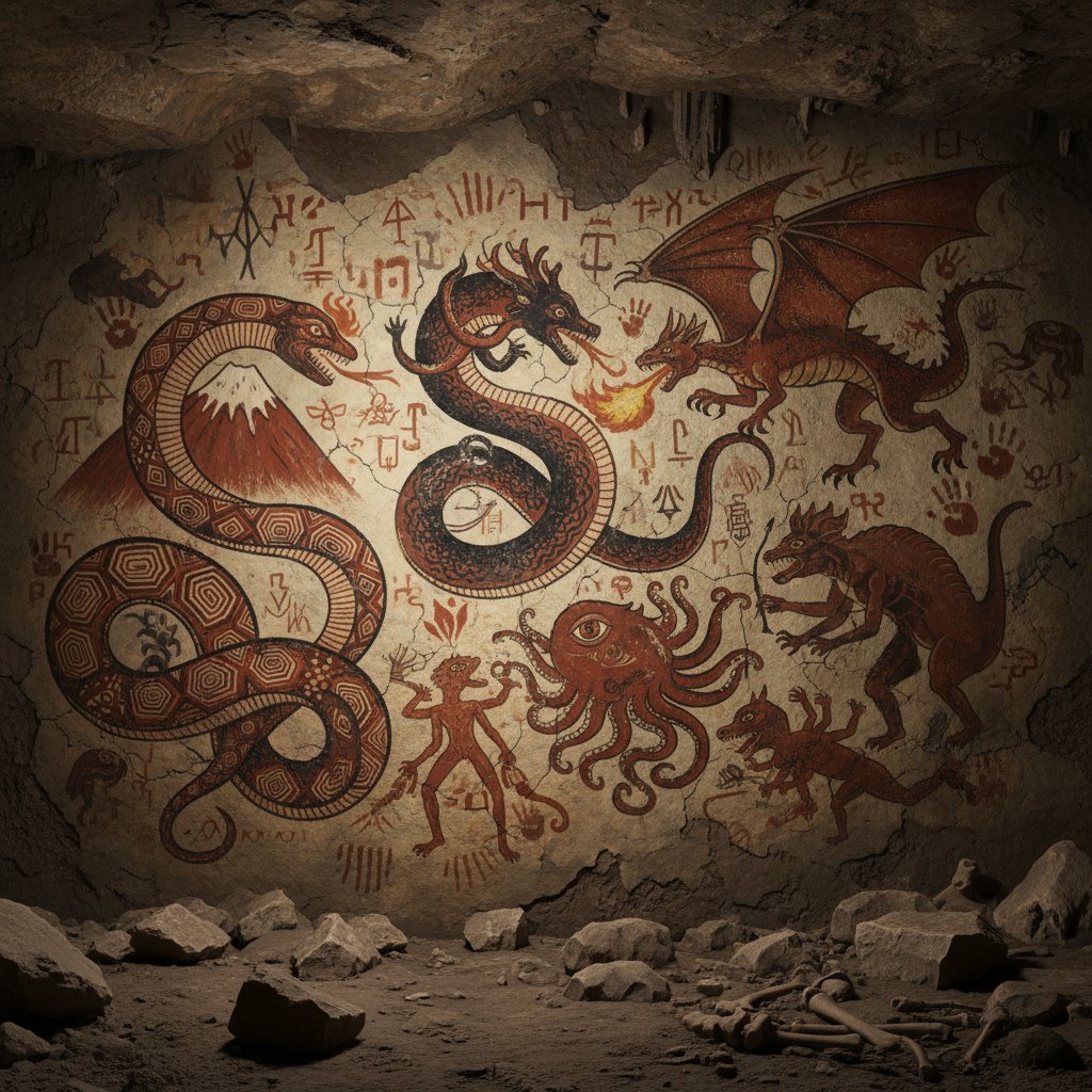 Ancient cave paintings depicting mythological monsters as the roots of modern monster movies
