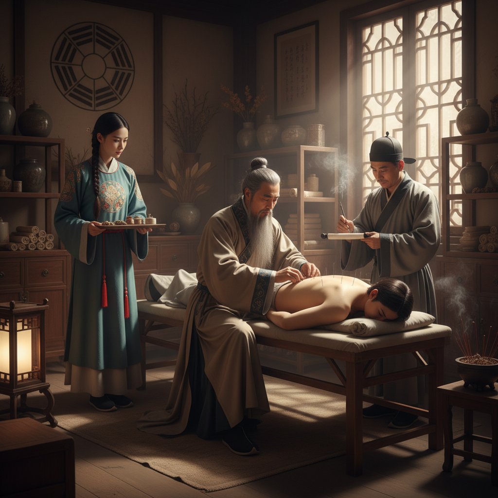 Starożytni chińscy lekarze wykonujący akupunkturę, rycina, klimat historyczny