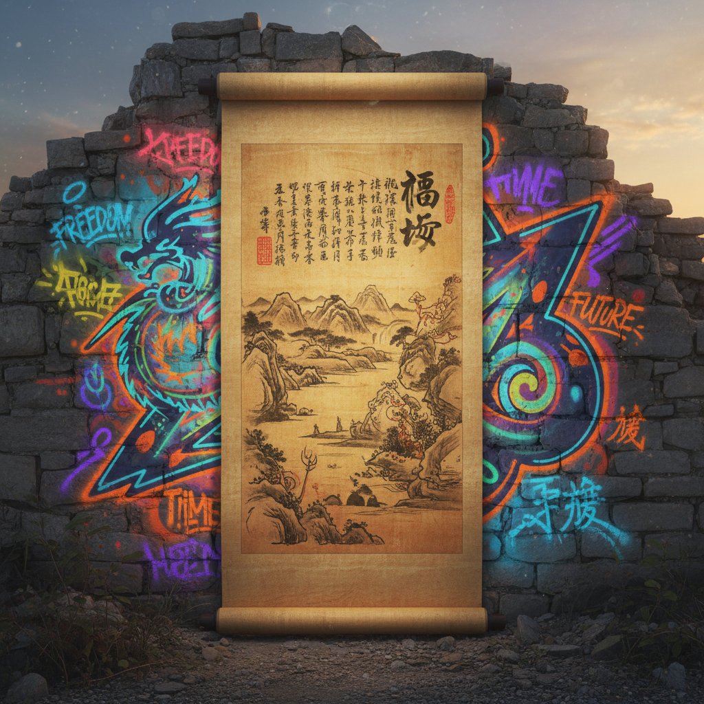 Starożytna księga I Ching obok współczesnej ulicznej sztuki