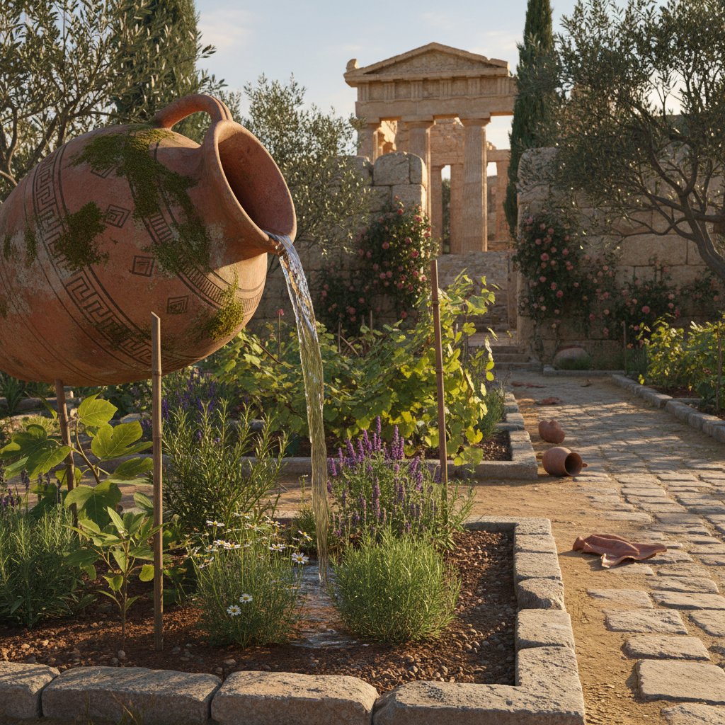 Starożytna metoda podlewania: gliniany dzban wśród roślin