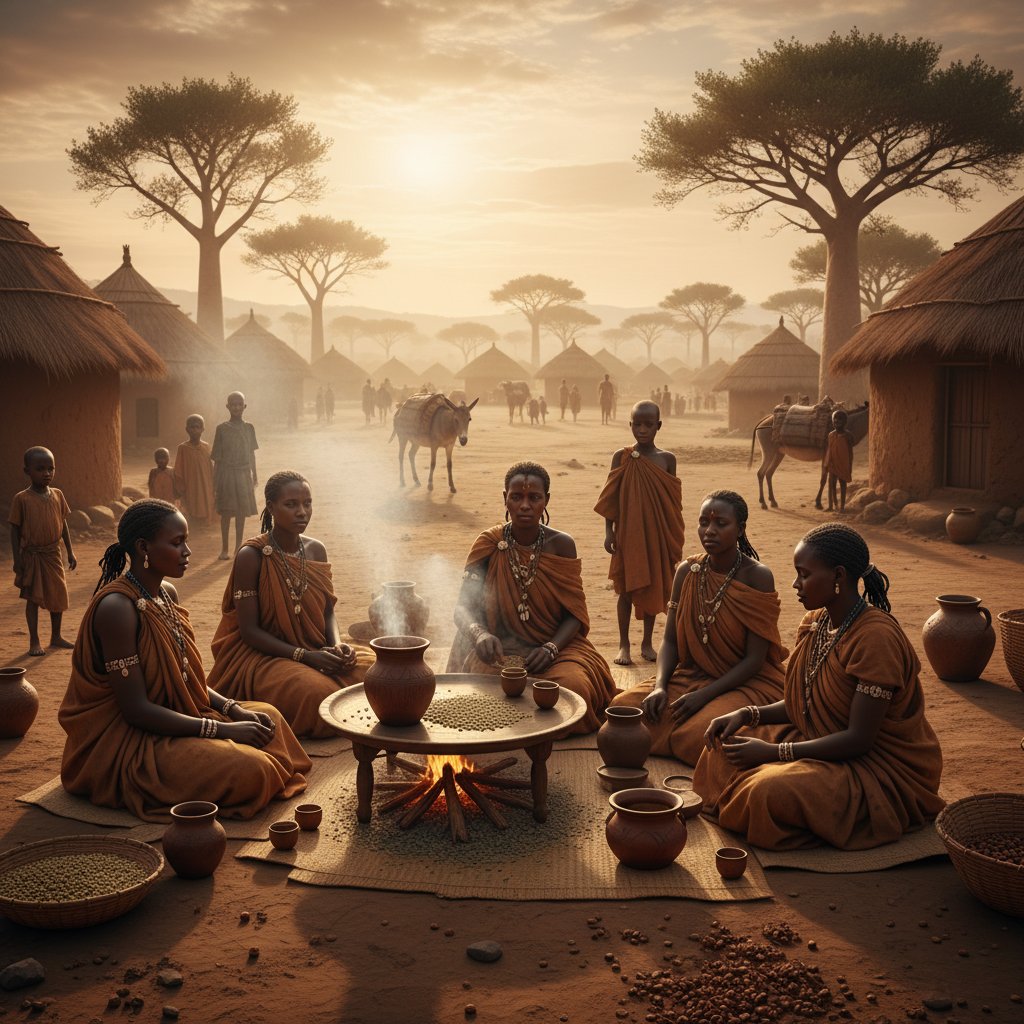 Starożytna ceremonia parzenia kawy w afrykańskiej wiosce, tradycyjna atmosfera, poranek