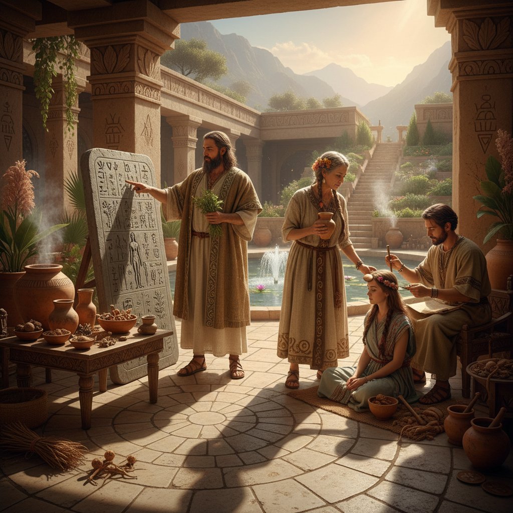 Starożytni lekarze podczas konsultacji, symbolizujący początek medycyny holistycznej