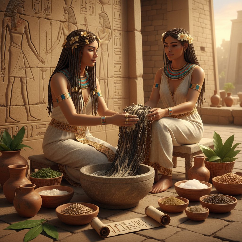 Starożytna Egipcjanka podczas rytuału pielęgnacji włosów, używająca naturalnych substancji