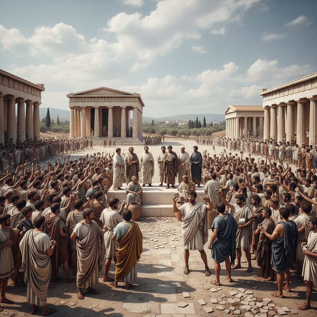 Rekonstrukcja zebrania starożytnych Greków, jednostka odosobniona na placu, temat: historyczny ostracyzm