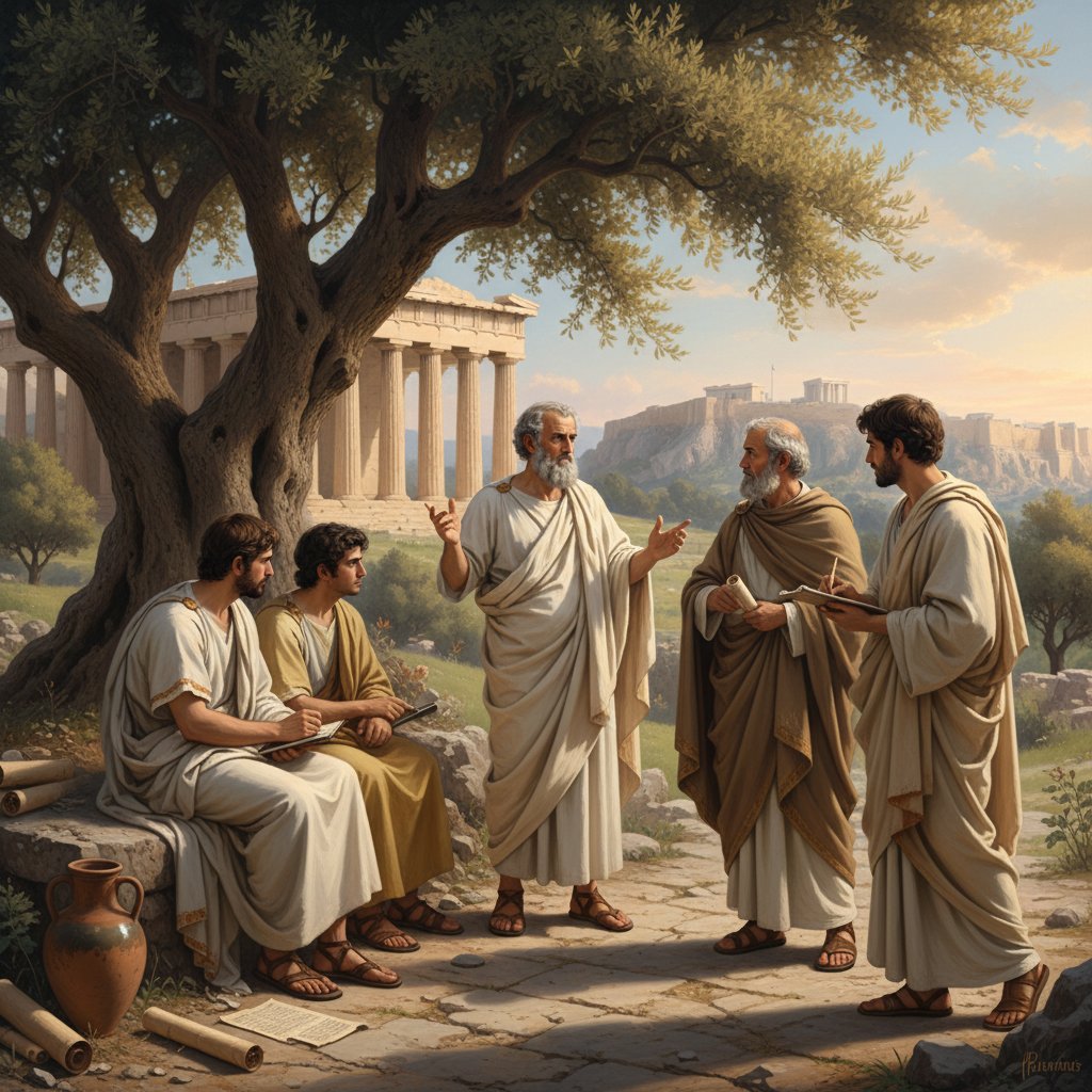 Grupa ludzi w starożytnych szatach dyskutuje wśród greckich kolumn – wizualne odwołanie do początków teleologii