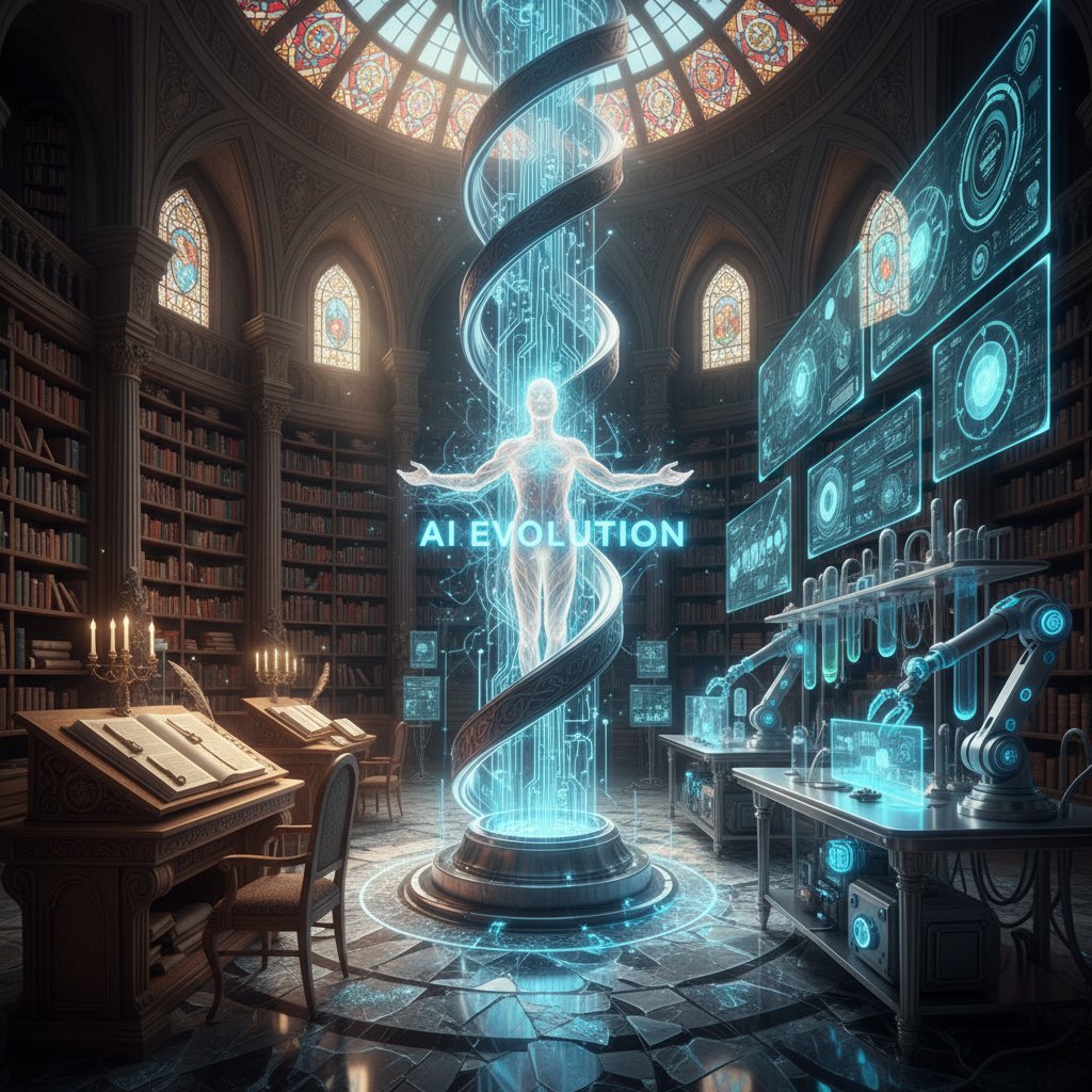Starożytna biblioteka przeplatająca się z nowoczesnym laboratorium komputerowym – symbol ewolucji humanizmu do ery AI