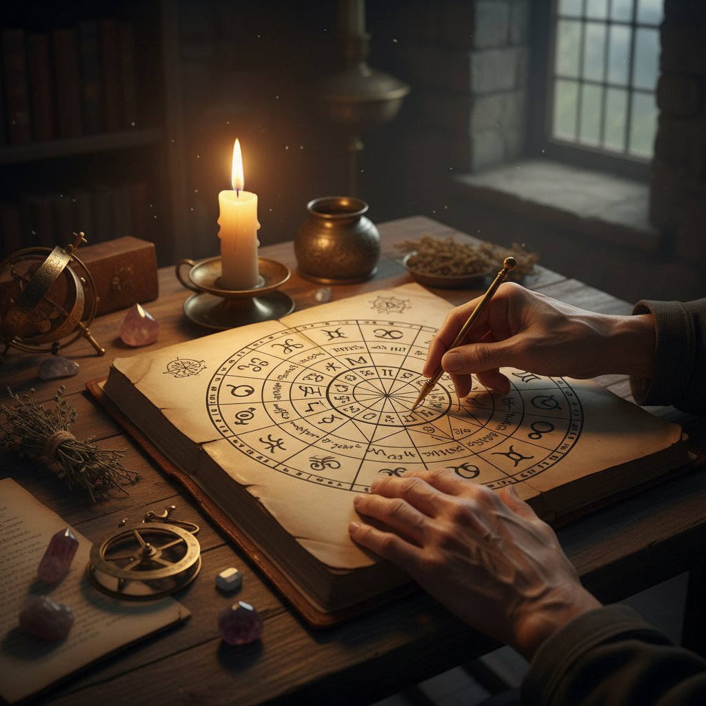 Ręce nad starożytnym manuskryptem z symbolami astrologicznymi oświetlonymi świecą, tajemniczy nastrój