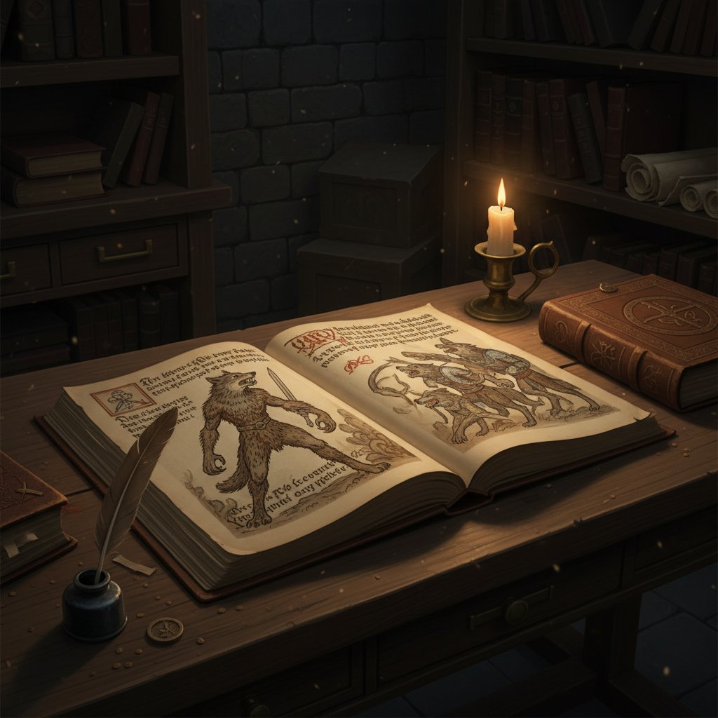 Cinematic photo showing an ancient manuscript with a wolf-human hybrid illuminated by candlelight in a mysterious medieval study, capturing the roots of werewolf myths
