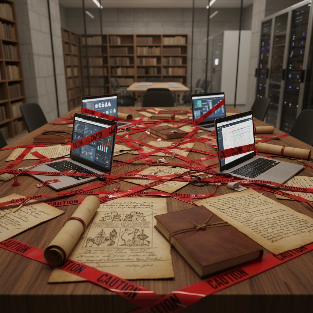 Moody symbolic depiction of ancient manuscripts, tangled red tape, and modern laptops