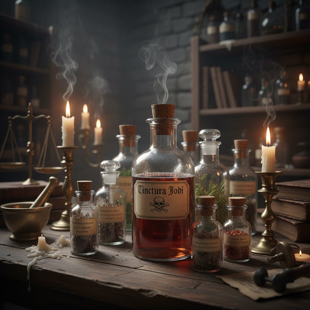 Stare butelki apteczne z jodem na tle laboratorium