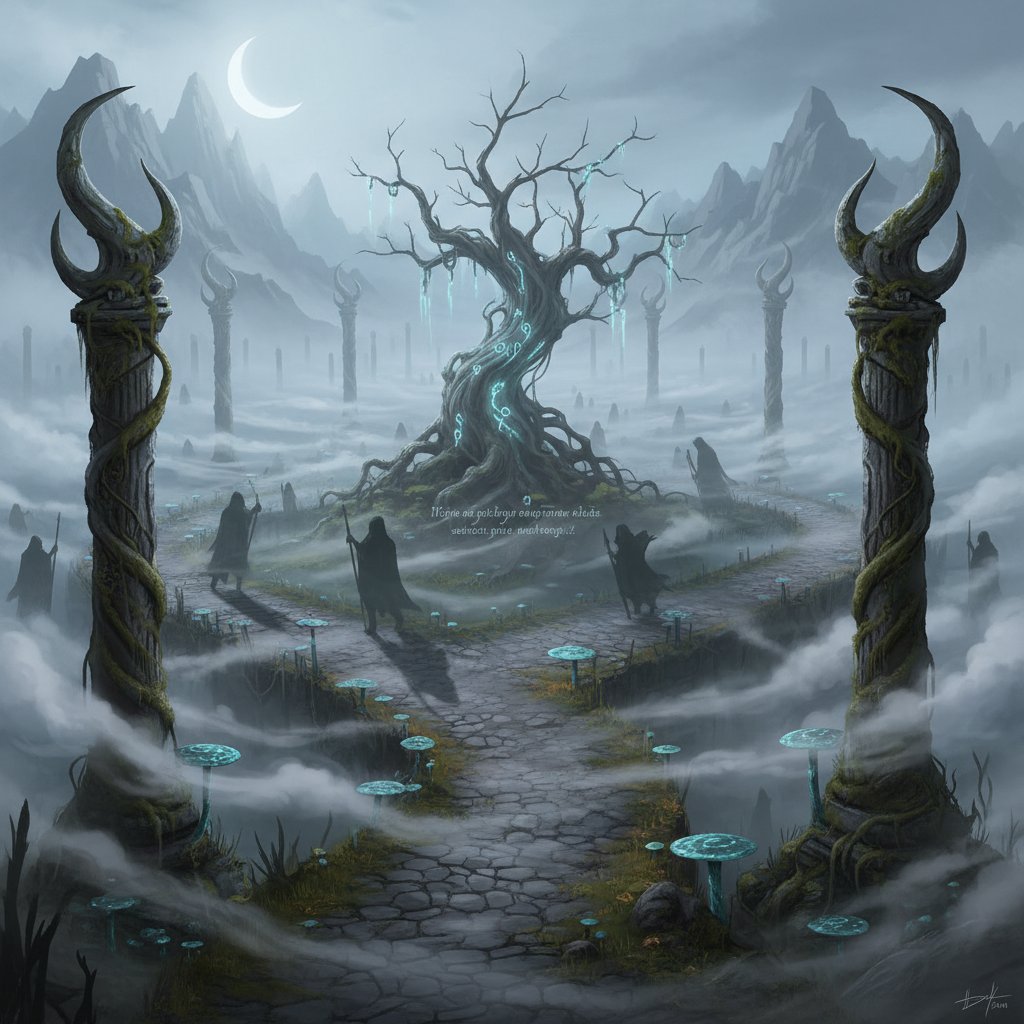 Ancient mythic crossroads with shadowy figures and mist, symbolizing fate and alternate timelines in parallel universe movies