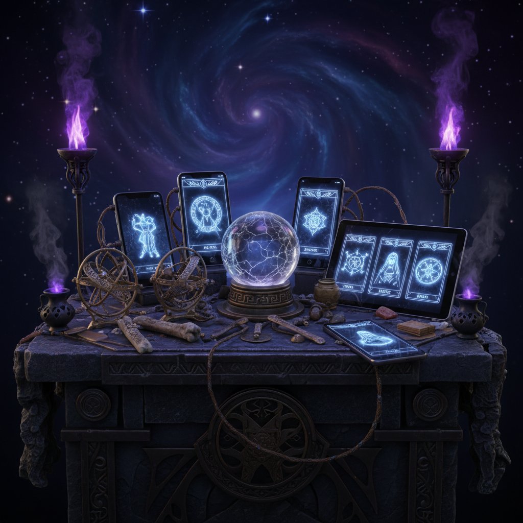 Alte Orakel und moderne digitale Tools nebeneinander als Symbol für den Wandel der Spiritualität.