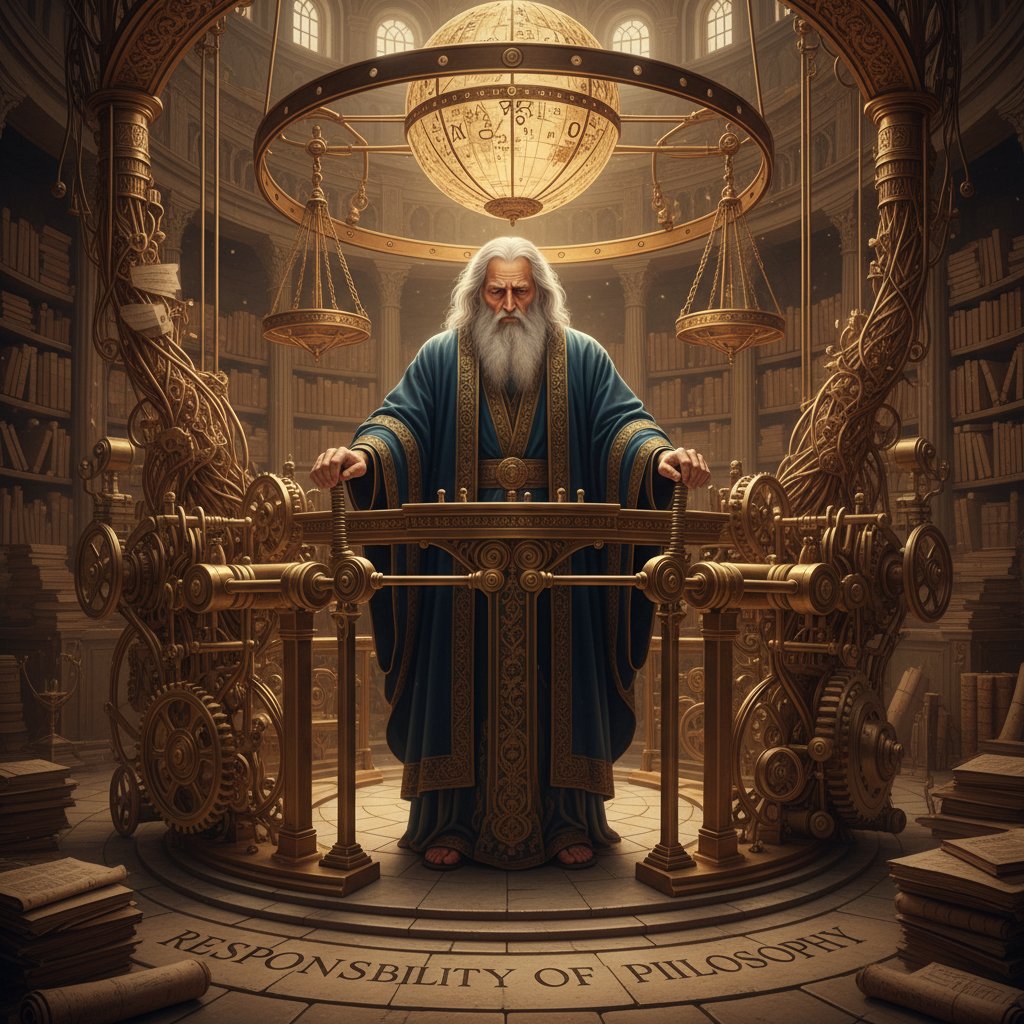 Starożytny filozof analizujący mechaniczny artefakt, obrazujące fundamenty filozofii odpowiedzialności w robotyce
