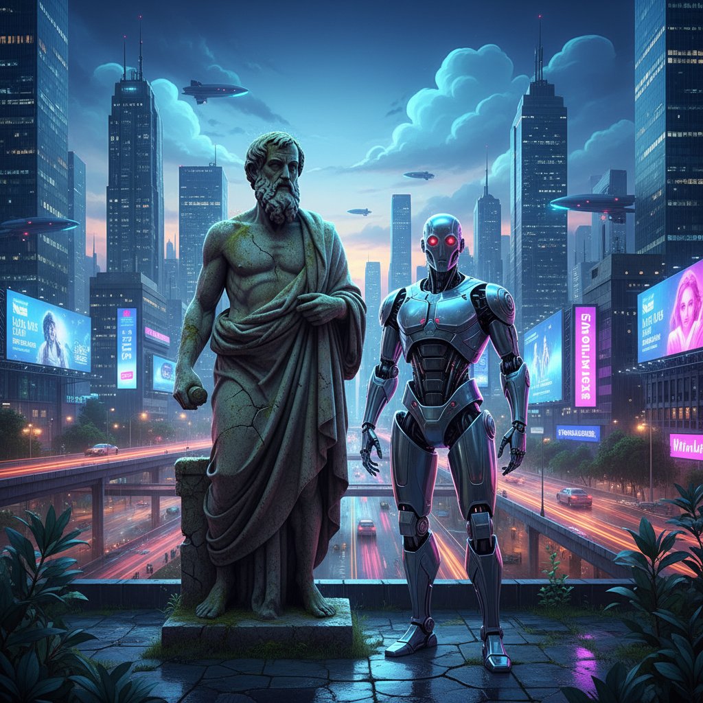 Starożytny posąg filozofa w cieniu futurystycznego robota na tle miejskiego krajobrazu, oddający główne hasła filozofia przyszłości technologii i AI